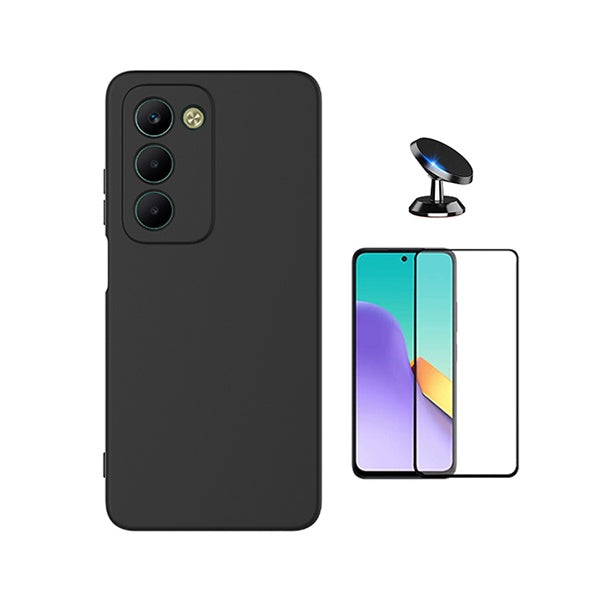 Kit Vidro Temperado + Capa Silicone Líquido + Suporte Magnético PHONECARE Para Xiaomi Redmi 15 - Preto