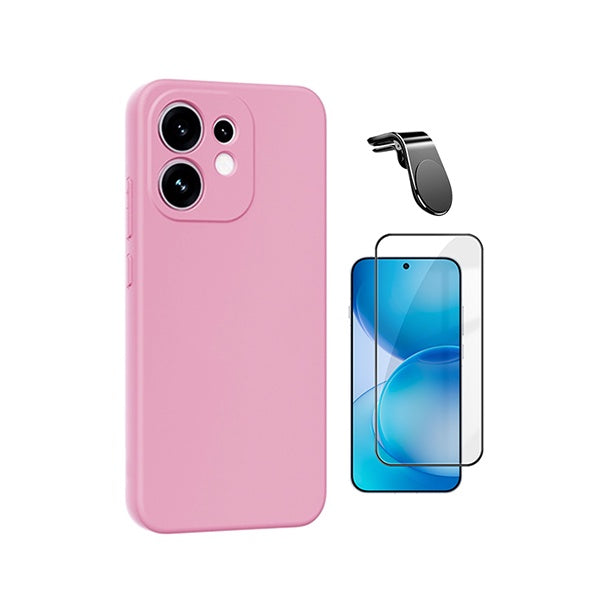 Kit Vidro Temperado + Capa Silicone Líquido + Suporte L PHONECARE Para Oppo Reno16 - Rosa