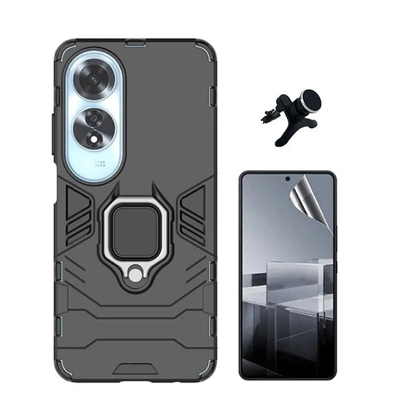 Kit Película Hydrogel Full Cover Frente + Capa 3x1 Military Defender + Suporte Magnético De Carro Reforçado para Oppo A60 - Preto