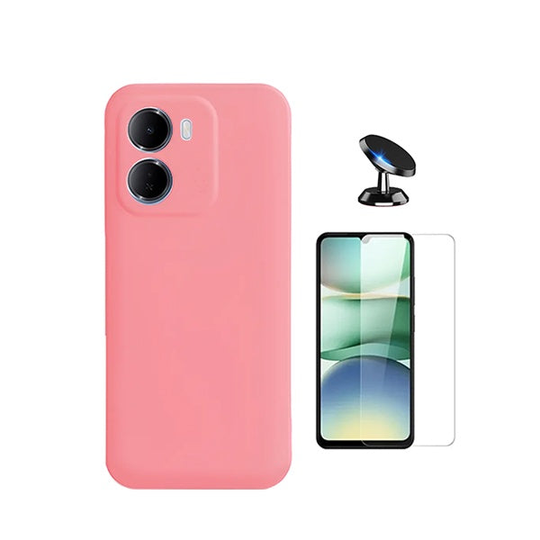 Kit Vidro Clearglass + Capa Silicone Líquido + Suporte Magnético PHONECARE Para Xiaomi Redmi 15a - Rosa