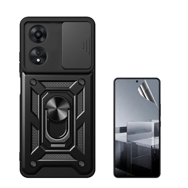 Kit Película Hydrogel Full Cover Frente + Capa Magnetic Military Defender Slide Window para Oppo A60 - Preto