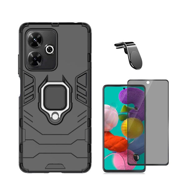 Kit Película 5d Anti-Spy + Capa 3x1 Military Defender + Suporte Magnético L Safe Driving para Xiaomi Redmi 13 - Preto