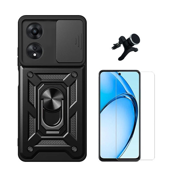 Kit Vidro Clearglass + Capa Magnetic Military Defender Slide Window + Suporte Magnético de Carro Reforçado para Oppo A60 - Preto