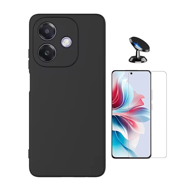 Kit Vidro Clearglass + Capa Silicone Líquido + Suporte Magnético Para Oppo A40M - Preto