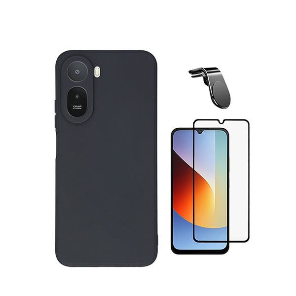 Kit Vidro Temperado + Capa Silicone Líquido + Suporte L PHONECARE Para Xiaomi Redmi A7 Pro 4G - Preto