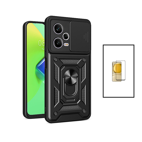 Kit Vidro Premium Full Cover + Capa Magnetic Military Defender Slide Window Anti-Impacto para Xiaomi Redmi Note 12 - Preto