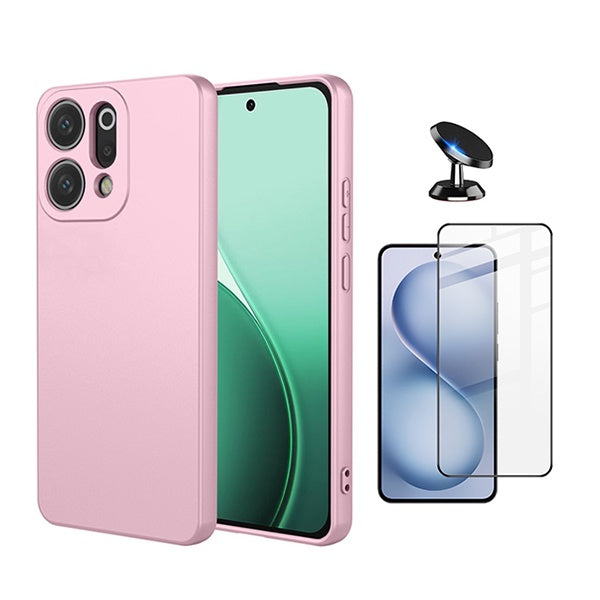 Kit Vidro Curved + Capa Silicone Líquido + Suporte Magnético PHONECARE Para Oppo Reno14 - Rosa