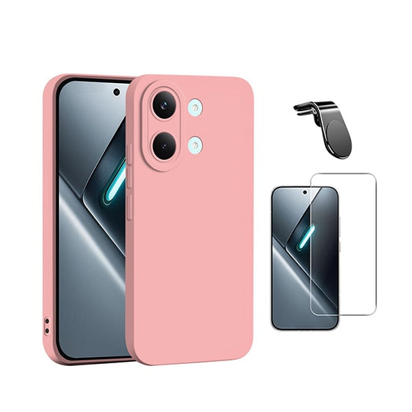 Kit Vidro Clearglass + Capa Silicone Líquido + Suporte L PHONECARE Para Xiaomi Poco X8 Pro Max 5G - Rosa