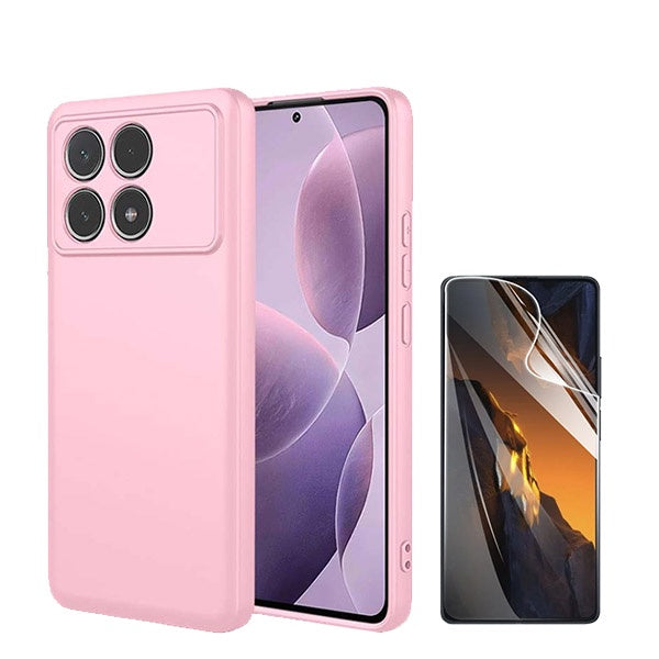 Kit Película Hydrogel Full Cover Frente + Capa Silicone Líquido para Xiaomi Poco F6 Pro - Rosa