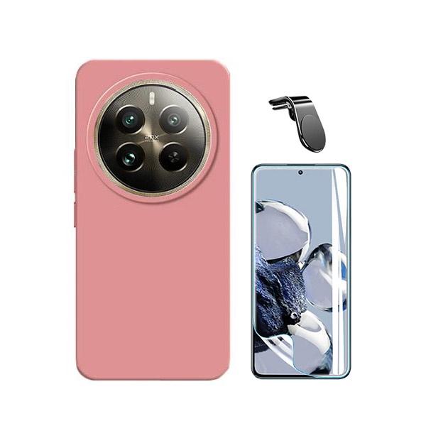 Kit Película Hydrogel Full Cover Frente + Capa Silicone Líquido + Suporte Magnético L Safe Driving Carro para Realme 12 Pro 5G - Rosa