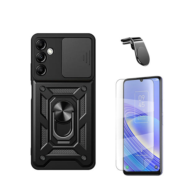 Kit Película Hydrogel Full Cover Frente + Capa Magnetic Military Defender Slide Window Anti-Impacto + Suporte Magnético L Safe Driving Carro para Samsung Galaxy A15 - Preto