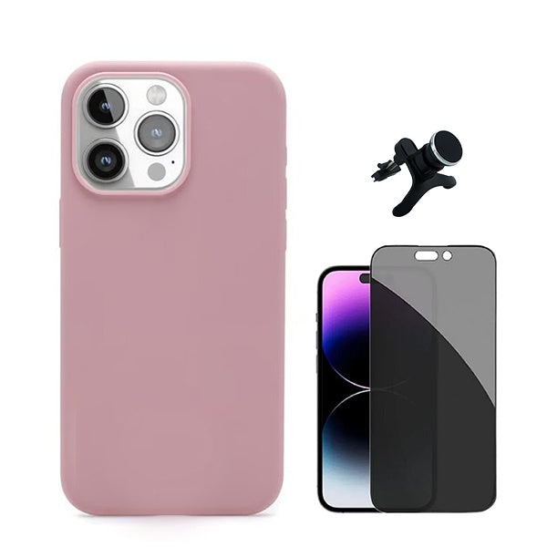 Kit Película de Vidro 5d Anti-Spy + Capa Silicone Líquido + Suporte Magnético de Carro Reforçado para Apple iPhone 16 Pro - Rosa
