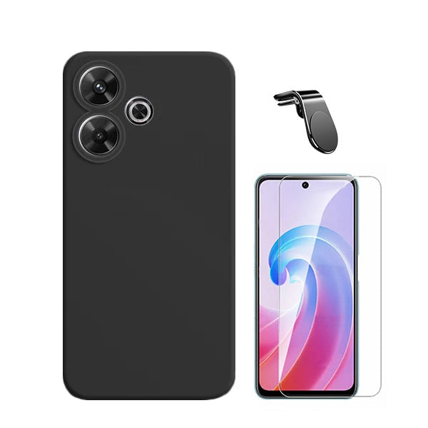Kit Vidro Clearglass + Capa Silicone Líquido + Suporte Magnético L Safe Driving para Xiaomi Redmi 13 5G - Preto