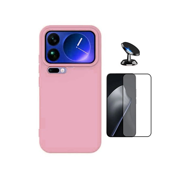 Kit Vidro Temperado + Capa Silicone Líquido + Suporte Magnético PHONECARE Para Xiaomi 17 Pro 5G - Rosa