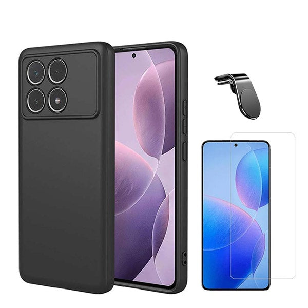 Kit Vidro Clearglass + Capa Silicone Líquido + Suporte Magnético L Safe Driving para Xiaomi Poco F6 Pro - Preto