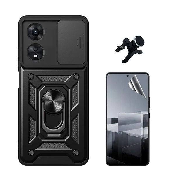 Kit Película Hydrogel Full Cover Frente + Capa Magnetic Military Defender Slide Window + Suporte Magnético de Carro Reforçado para Oppo A60 - Preto