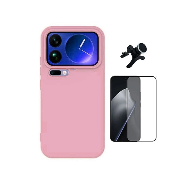 Kit Vidro Temperado + Capa Silicone Líquido + Suporte Magnético Reforçado PHONECARE Para Xiaomi 17 Pro 5G - Rosa