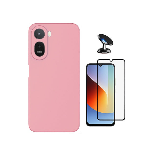 Kit Vidro Temperado + Capa Silicone Líquido + Suporte Magnético PHONECARE Para Xiaomi Redmi A7 Pro 4G - Rosa