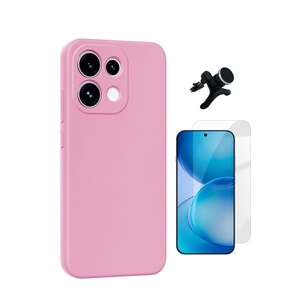 Kit Vidro Clearglass + Capa Silicone Líquido + Suporte Reforçado PHONECARE Para Oppo Reno16 FS 5G - Rosa