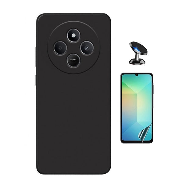 Kit Película Hydrogel Frente + Capa Silicone Líquido + Suporte Magnético Para Xiaomi Redmi 14R - Preto