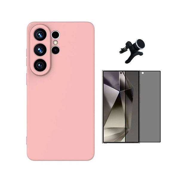 Kit Vidro Anti-Spy + Capa Silicone Líquido + Suporte Magnético Reforçado PHONECARE Para Samsung Galaxy S26 Ultra - Rosa