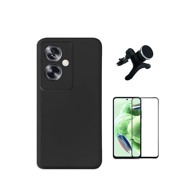 Kit Vidro Premium Full Cover + Capa Silicone Líquido + Suporte Magnético de Carro Reforçado para Oppo A79 5G - Preto