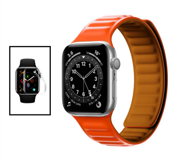 Kit Bracelete Magnetic SmoothSilicone + Película de Hydrogel para Apple Watch Series 9 Aluminum - 41mm - Laranja