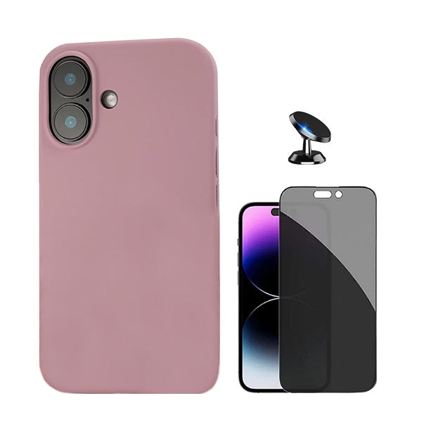 Kit Película de Vidro 5d Anti-Spy + Capa Silicone Líquido + Suporte Magnético de Carro para Apple iPhone 16 - Rosa