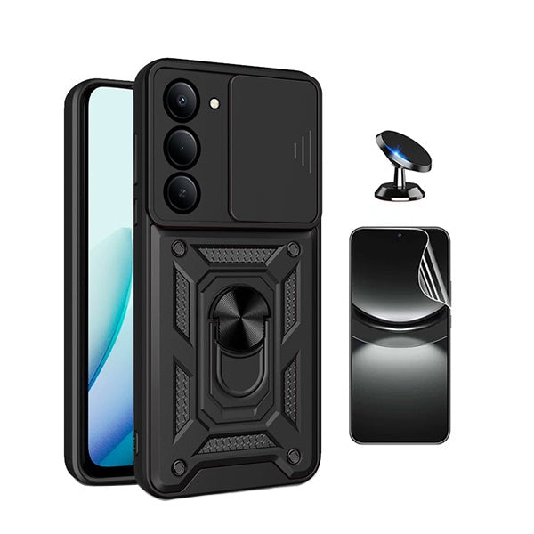Kit Película Hydrogel Frente + Capa Magnetic Slide Window + Suporte Magnético PHONECARE Para Xiaomi Redmi 15 4G - Preto
