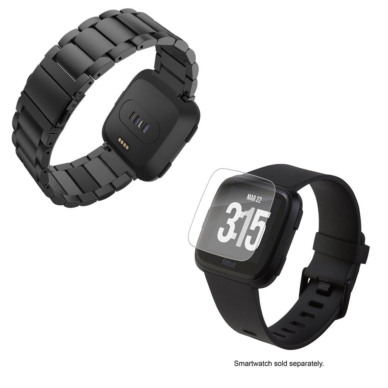 Kit Bracelete Aço Stainless Lux + Ferramenta + Película Protectora Ecrã Vidro para Fitbit Versa Lite - Preto