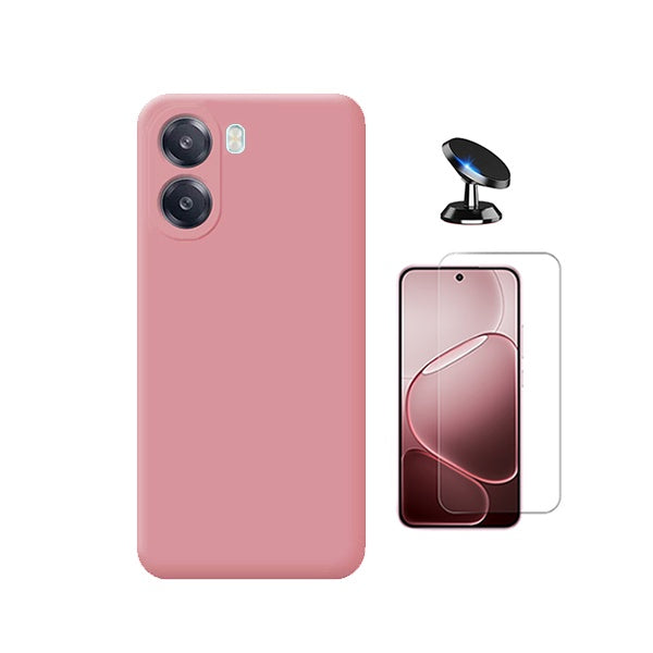 Kit Vidro Clearglass + Capa Silicone Líquido + Suporte Magnético PHONECARE Para Oppo A6x - Rosa