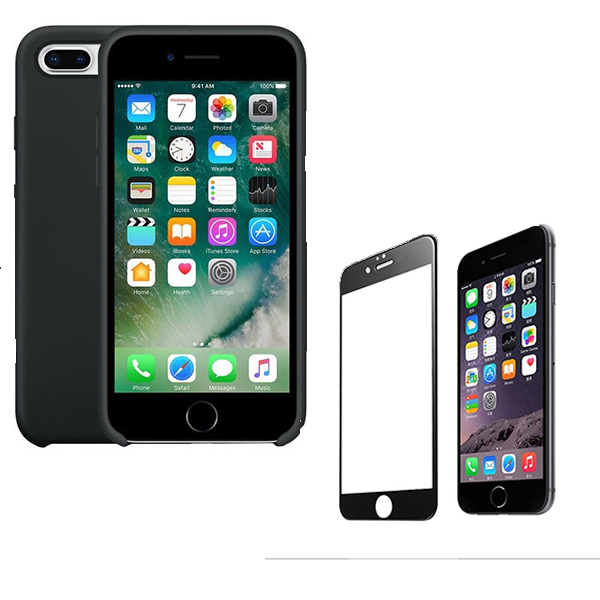 Kit Vidro Premium Full Cover + Capa Silicone Líquido para Apple iPhone 6 Plus / 6S Plus