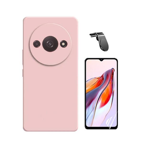 Kit Película Hydrogel Full Cover Frente + Capa Silicone Líquido + Suporte Magnético L Safe Driving Carro para Xiaomi Redmi A3 - Rosa