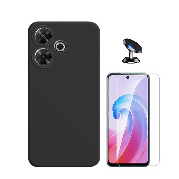 Kit Vidro Clearglass + Capa Silicone Líquido + Suporte Magnético de Carro para Xiaomi Redmi 13 5G - Preto