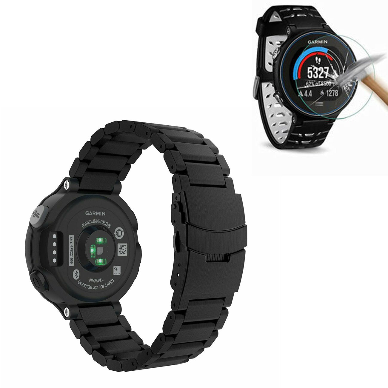 Kit Bracelete Aço Stainless Lux + Ferramenta + Película Protectora Ecrã Vidro para Garmin Forerunner 735XT - Preto