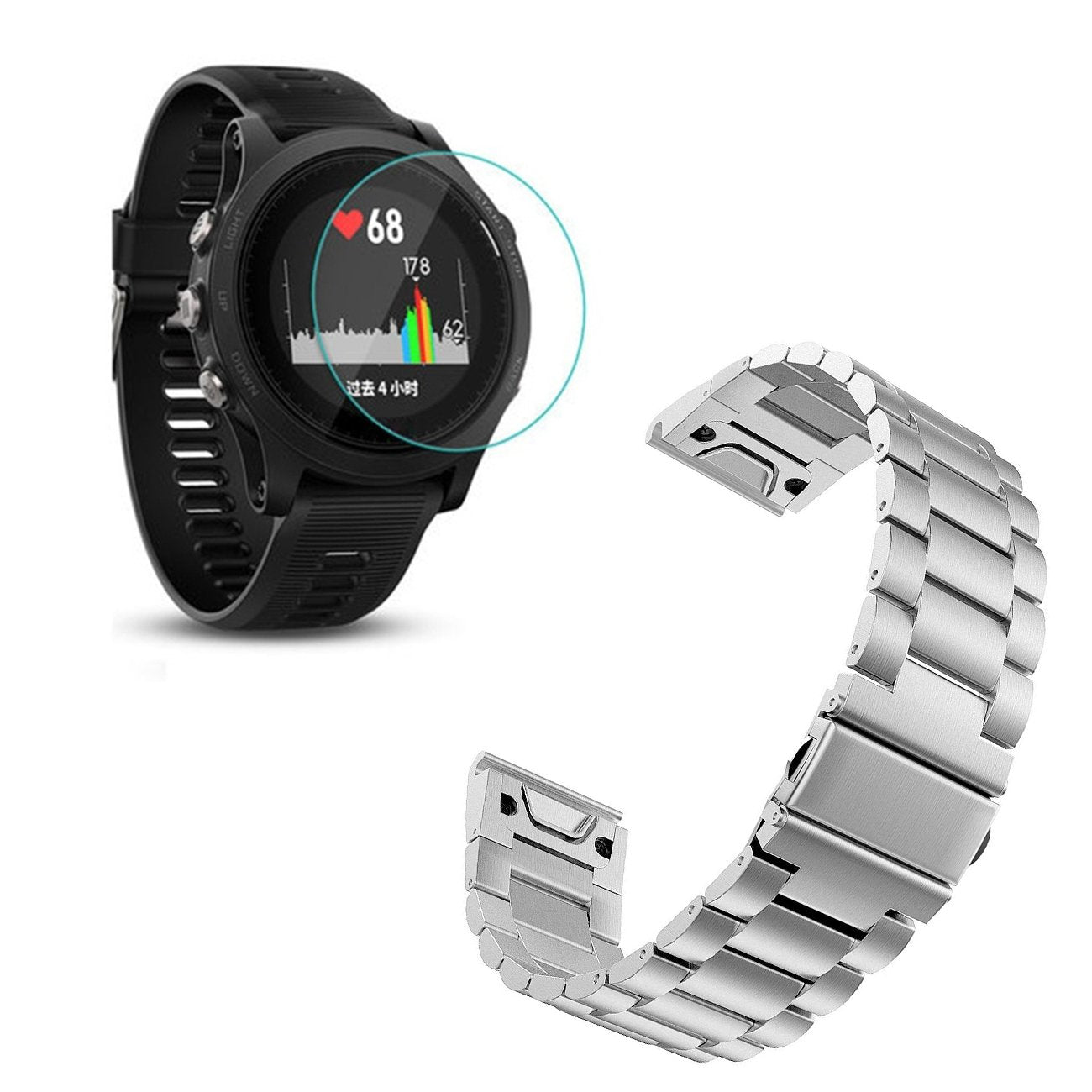Kit Bracelete Aço Stainless Lux + Ferramenta + Película Protectora Ecrã Vidro para Garmin Forerunner 935 - Cinza