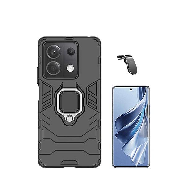 Kit Película Hydrogel Full Cover Frente + Capa 3X1 Military Defender + Suporte Magnético L Safe Driving Carro para Xiaomi Poco X6 5G - Preto