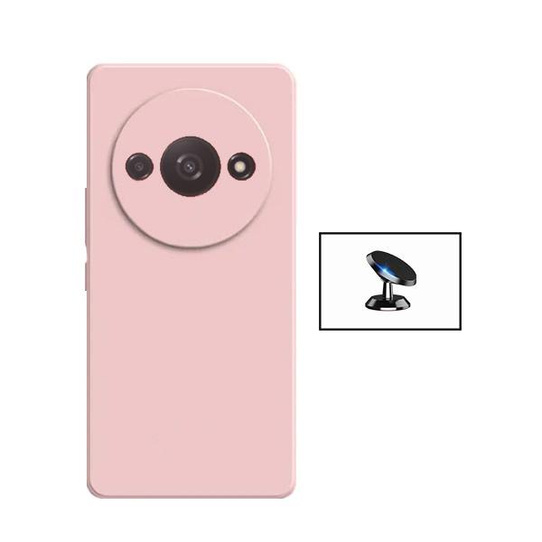Kit Suporte Magnético de Carro + Capa Silicone Líquido para Xiaomi Redmi A3 - Rosa