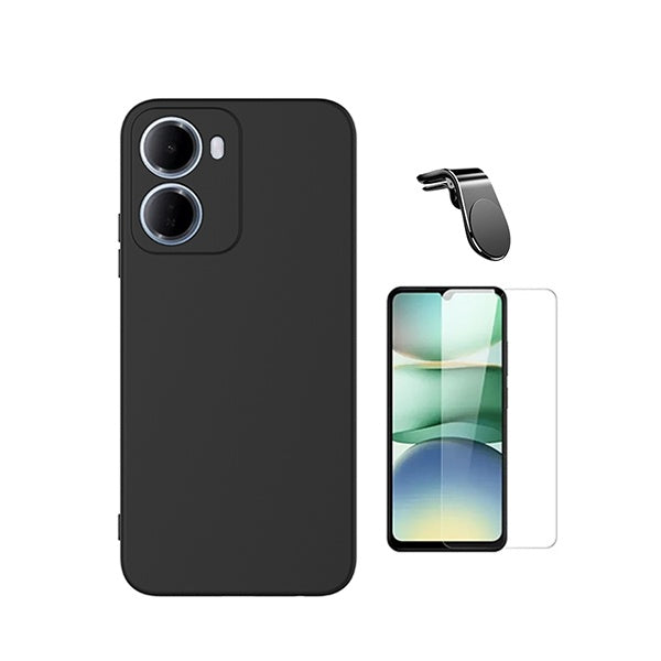 Kit Vidro Clearglass + Capa Silicone Líquido + Suporte L PHONECARE Para Xiaomi Redmi 15a - Preto