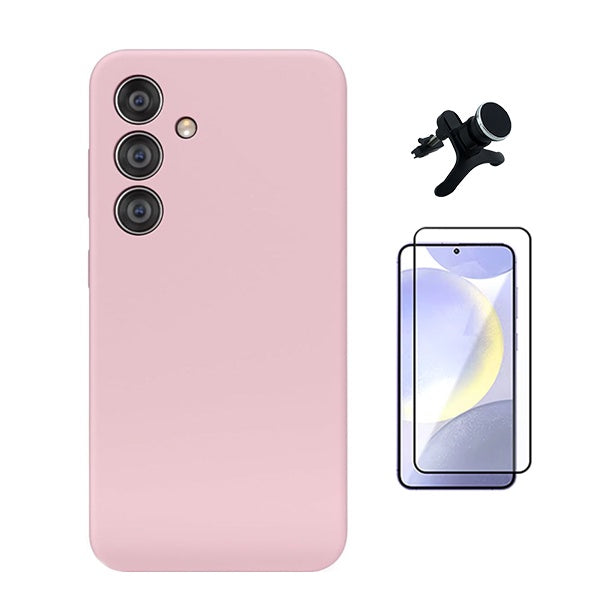Kit Vidro Temperado + Capa Silicone Líquido + Suporte Magnético Reforçado Para Samsung Galaxy S24 FE - Rosa