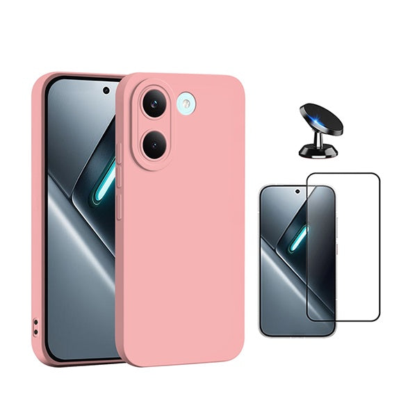 Kit Vidro Temperado + Capa Silicone Líquido + Suporte Magnético PHONECARE Para Xiaomi Poco X8 Pro - Rosa
