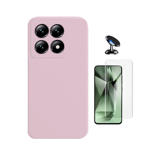 Kit Película Hydrogel Frente + Capa Silicone Líquido + Suporte Magnético Para Xiaomi 14T Pro - Rosa