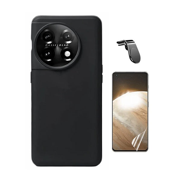 Kit Película Hydrogel Frente + Capa Silicone Líquido + Suporte L Para OnePlus 11 - Preto