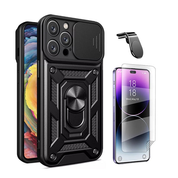 Kit Película Hydrogel Full Cover Frente + Capa Magnetic Military Defender Slide Window + Suporte Magnético L Safe Driving Carro para Apple iPhone 16 Pro - Preto