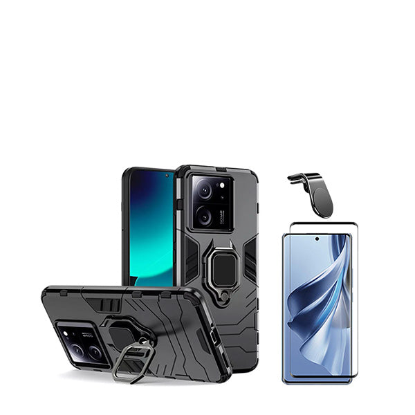 Kit Vidro Premium Full Cover + Capa 3X1 Military Defender + Suporte Magnético L Safe Driving Carro para Xiaomi 13T - Preto