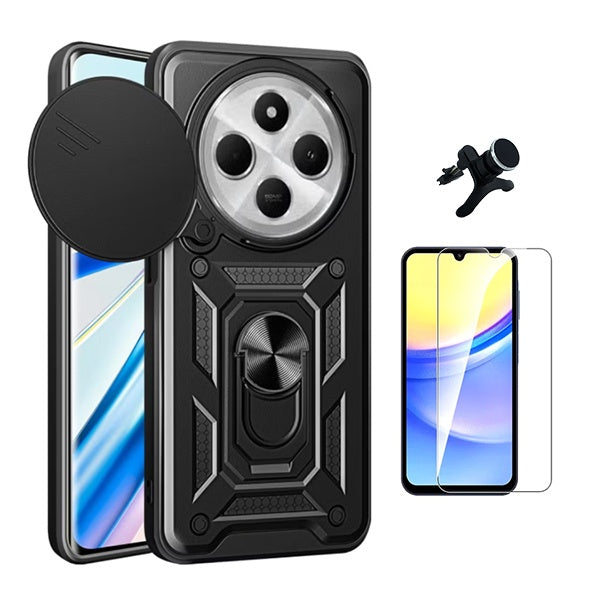 Kit Vidro Clearglass + Capa Magnetic Slide Window + Suporte L Phonecare Para Xiaomi Redmi 14C - Preto