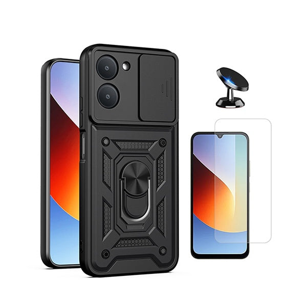 Kit Vidro Clearglass + Capa Magnetic Slide Window + Suporte Magnético PHONECARE Para Xiaomi Redmi A7 - Preto
