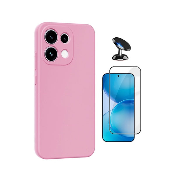 Kit Vidro Temperado + Capa Silicone Líquido + Suporte Magnético PHONECARE Para Oppo Reno16 F 5G - Rosa