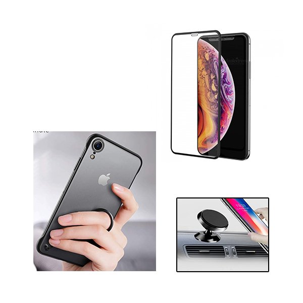 Kit Vidro Premium Full Cover + Capa Invisible Bumper + Suporte Magnético de Carro para Apple iPhone XR