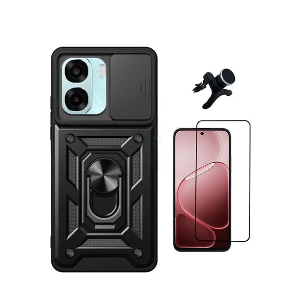 Kit Vidro + Capa Magnetic Slide Window + Suporte Reforçado PHONECARE Para Oppo A6 - Preto
